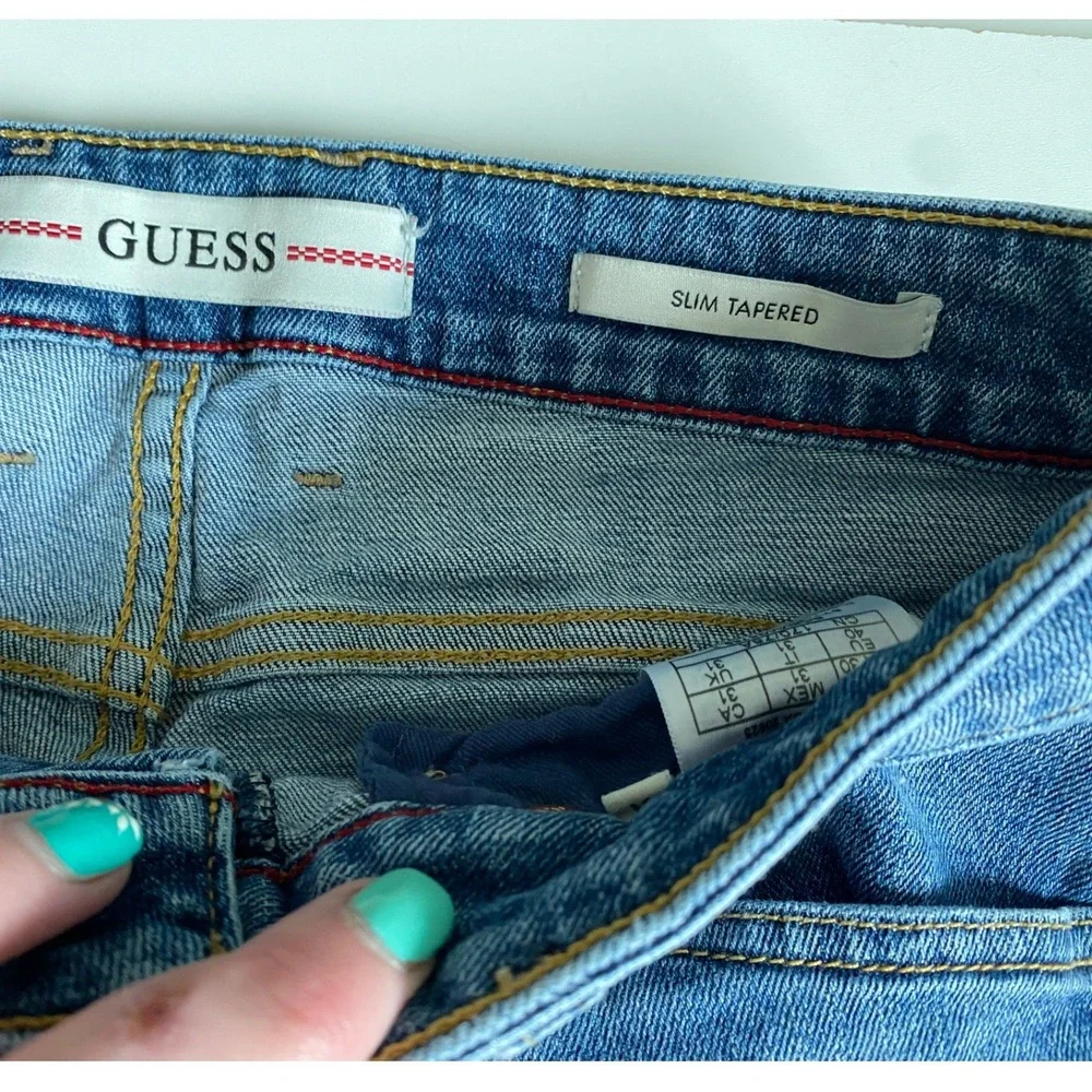 Guess Slim Tapered Distressed Blue Denim Jeans Medium Wash Size 31x30 Mens